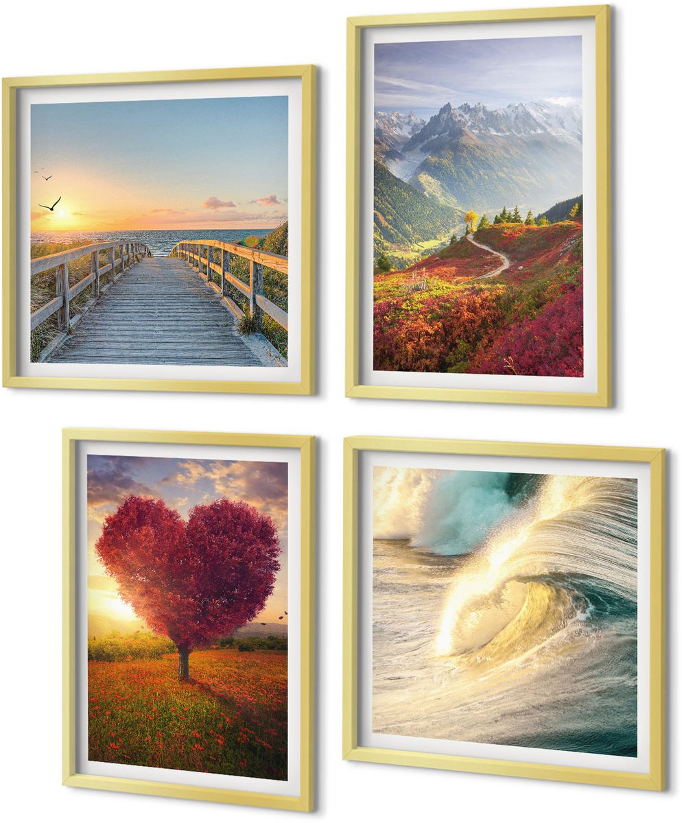 Coloray 4-Delige Schilderij Set - Berglandschappen Golven Hartvormige boompier - 40 x 40 cm en 40 x 60 cm - Wanddecoratie - Moderne Interieurdecoratie - Interieur Decoratie