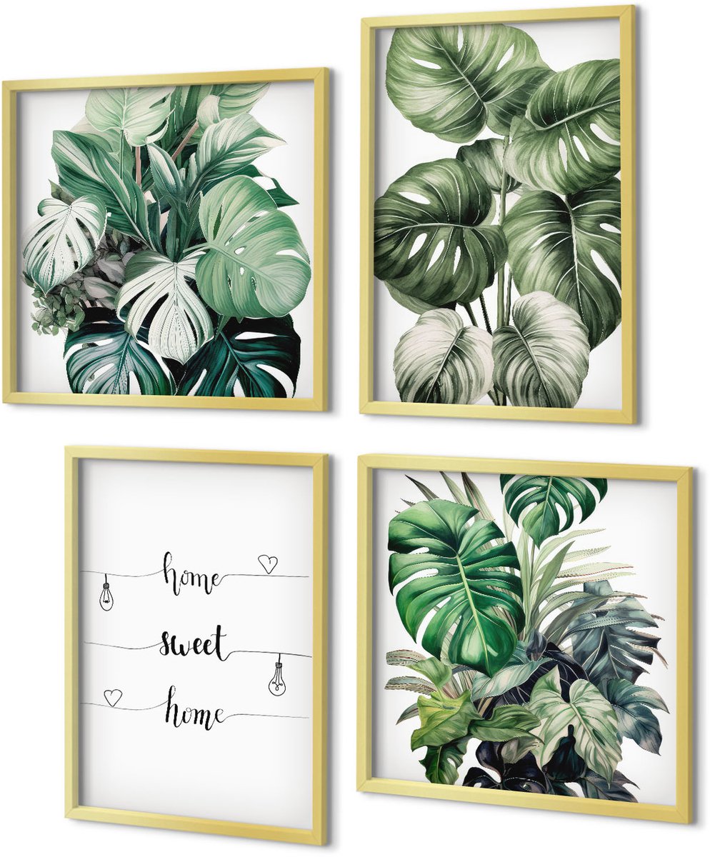 Coloray 4-Delige Schilderij Set - Aquarel Monstera verlaat het fijne thuis - 40 x 40 cm en 40 x 60 cm - Muurdecoratie - Wanddecoratie - Slaapkamer