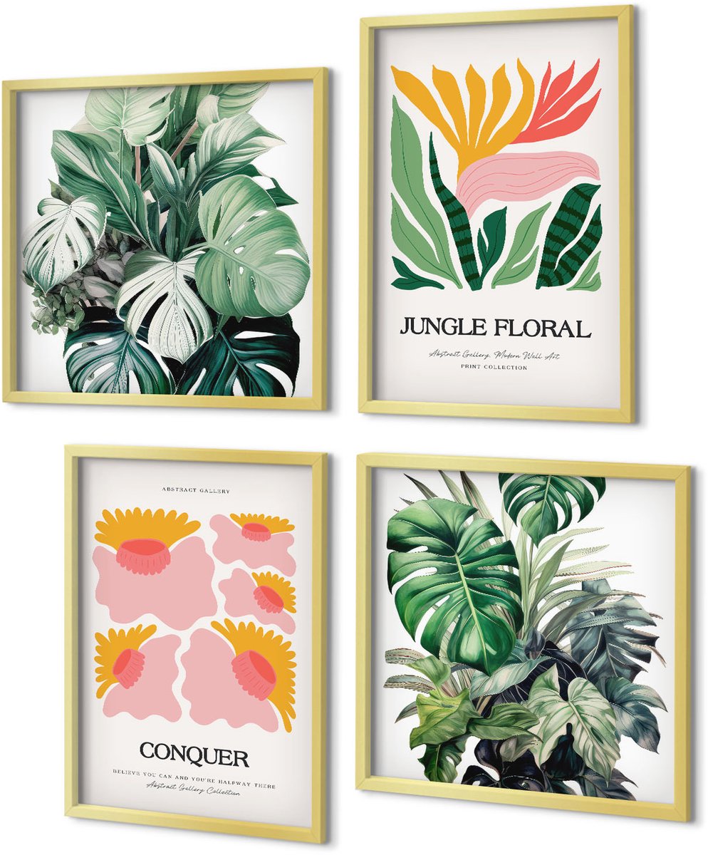 Coloray 4-Delige Schilderij Set - Bloemen en bladeren in moderne stijl op posters - 40 x 40 cm en 40 x 60 cm - Decoratieve Schilderijen - Woonkamer - Interieur - Wanddecoratie