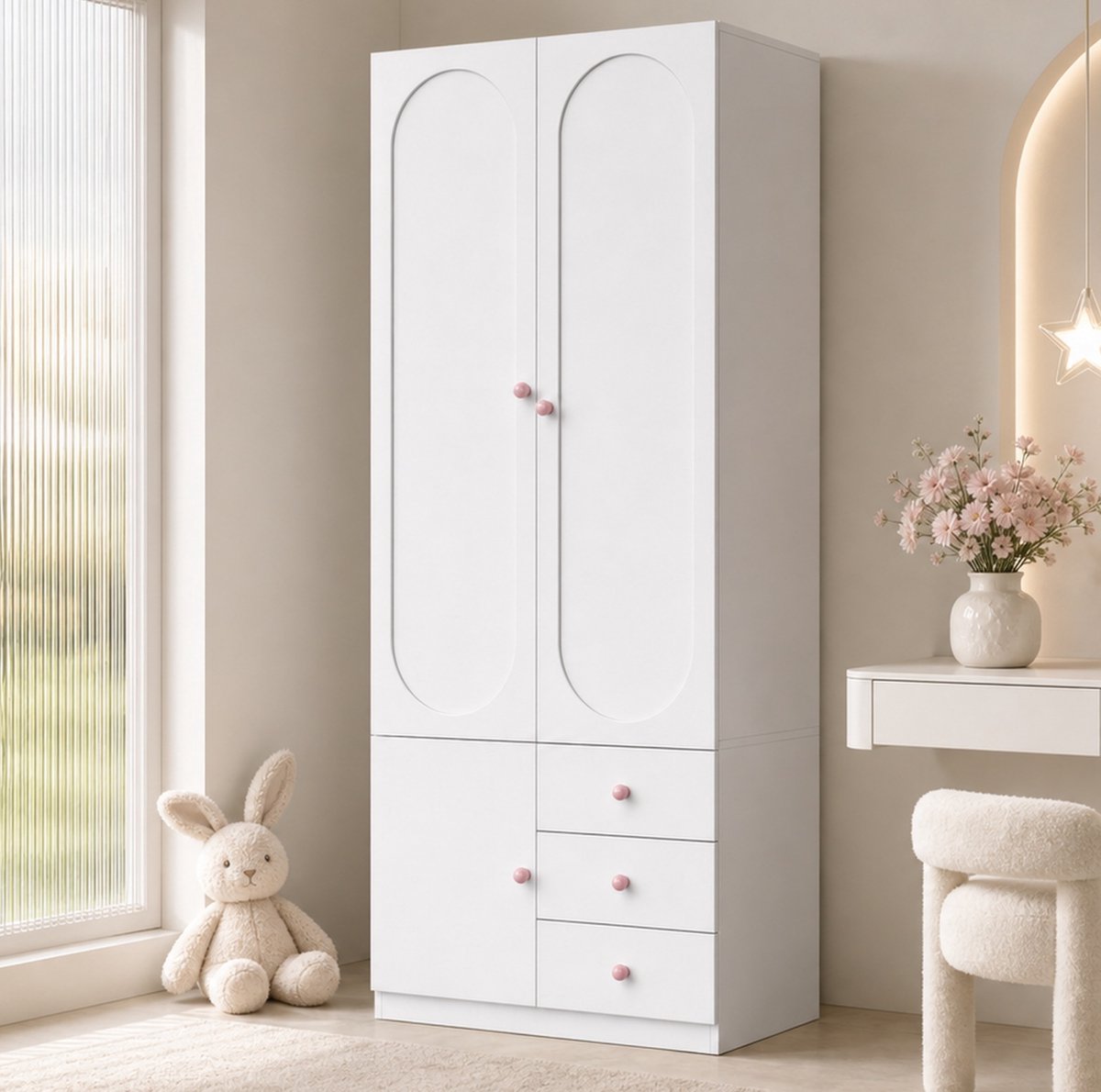 MIVRAY Kledingkast - 2 Deuren Met 3 Lades En Kledingstang - Kindvriendelijk Voor Slaapkamer En Kinderkamer - MDF - Wit - 80x50x200 Cm