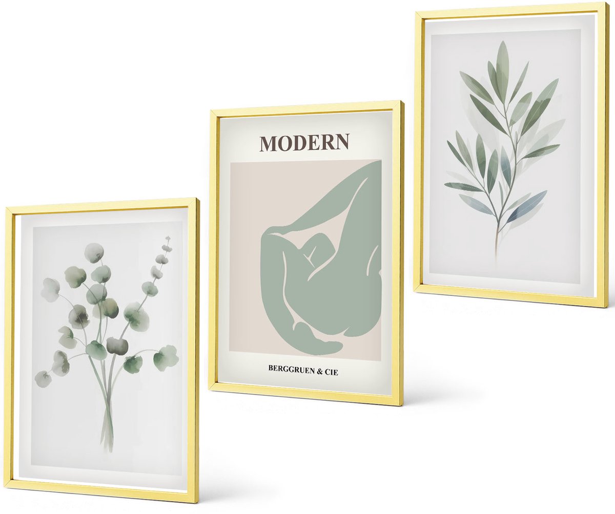 Coloray 3-Delige Schilderij Set - Plantmotieven In Delicate Groene Tinten - 40 x 40 cm En 40 x 60 cm - Wanddecoratie - Schilderijen Set - Kantoor - Muurdecoratie
