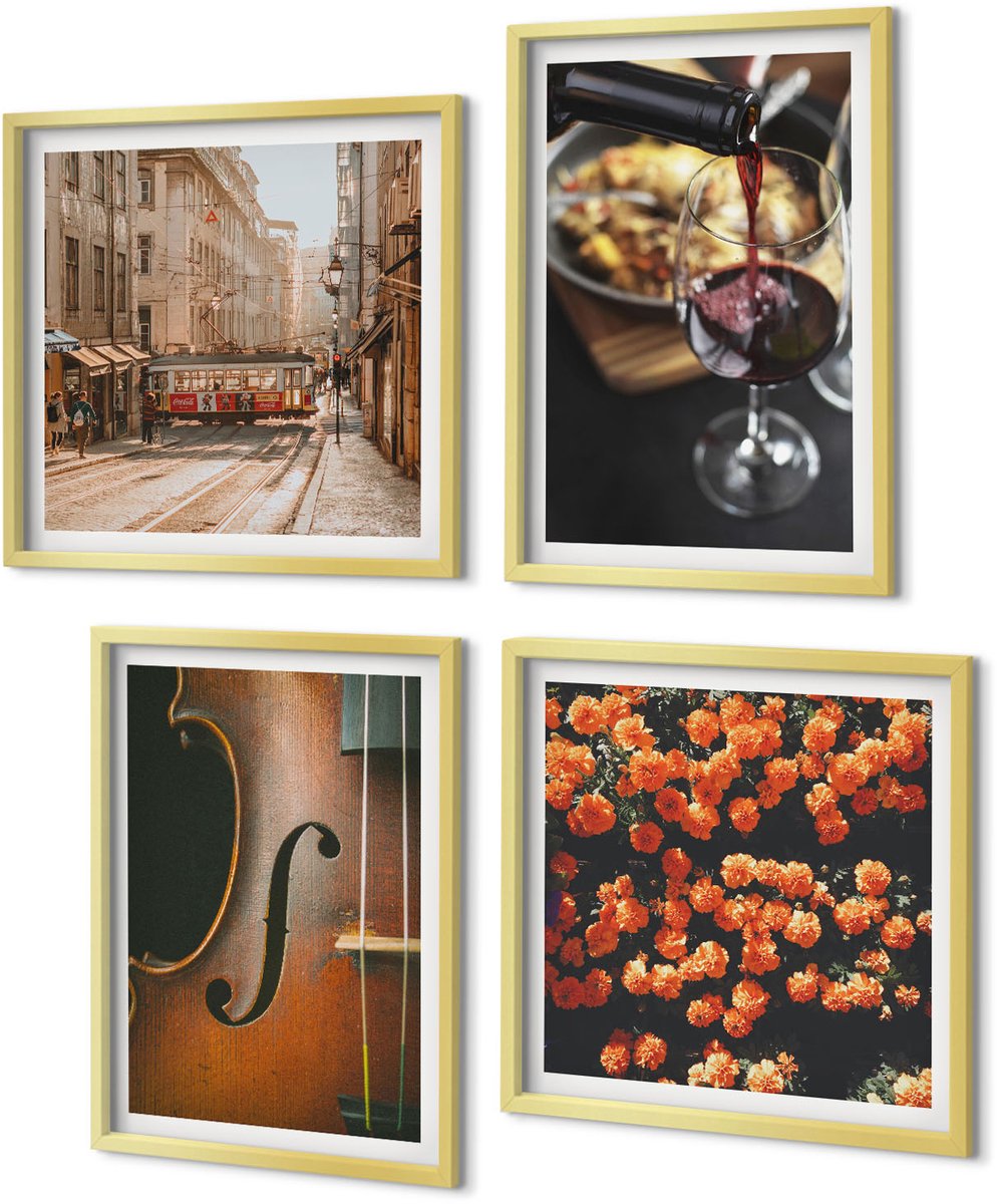 Coloray 4-Delige Schilderij Set - Vintage romantische bloemenstraat, wijn en viool - 40 x 40 cm en 40 x 60 cm - Wanddecoratie - Muurdecoratie - Woonkamer - Moderne Wanddecoratie