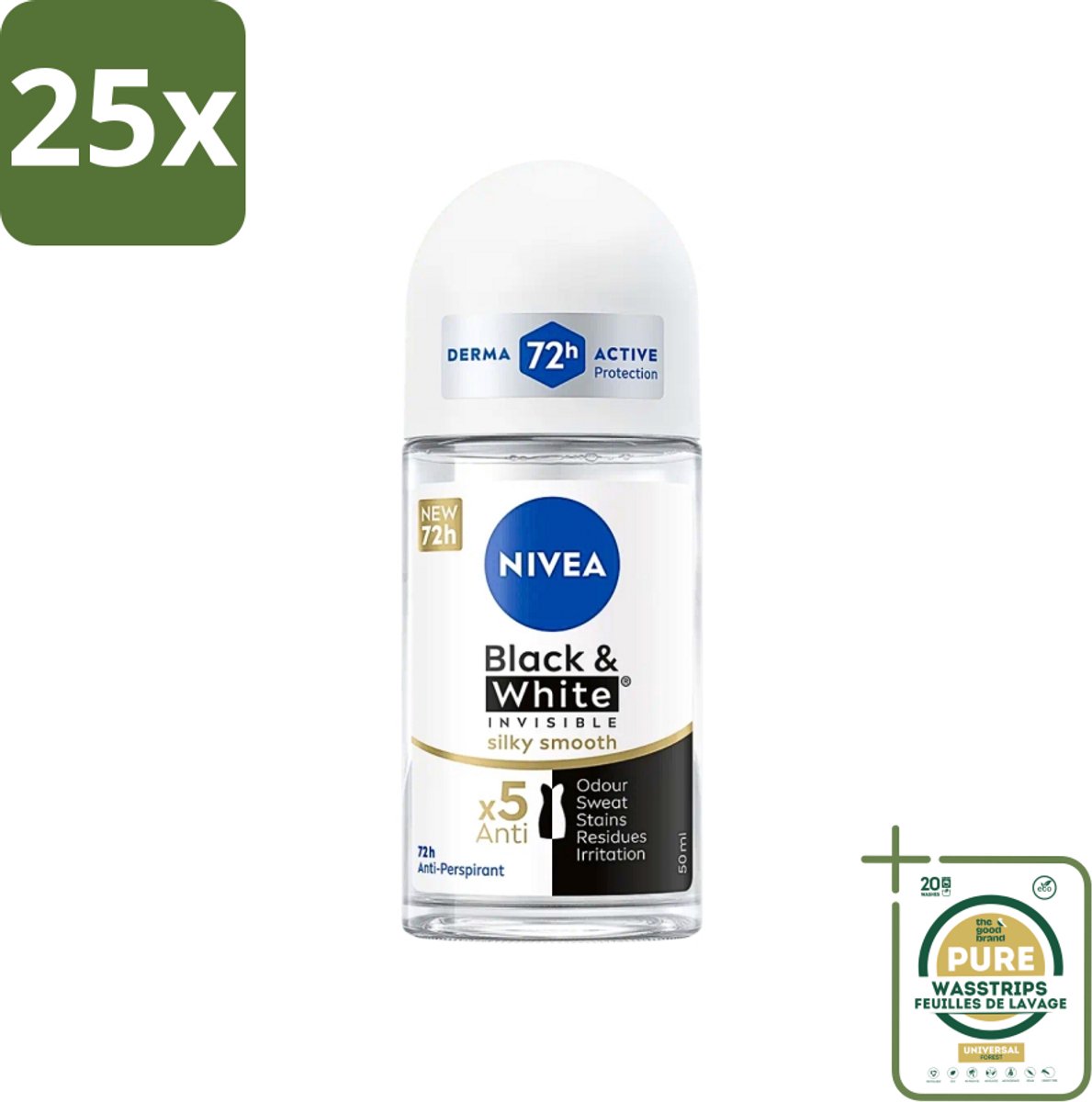 25 x NIVEA - Deodorant Roller - Zwart & Wit Zijdezacht - Anti-Transpirant - 50 ml - Grootverpakking - Deodorant Roller - Anti-vlek - Zweetgeur - Huidverzorging - Zwart En Wit