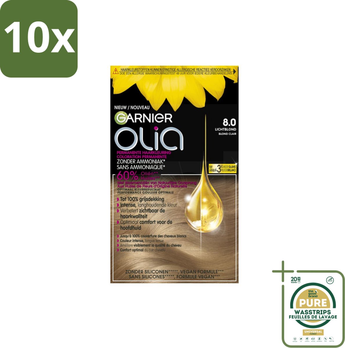 10 x Garnier - Olia 8 - Haarkleuring - Lichtblond - Zonder Ammoniak - 60% Olie - Permanente Kleur - Grootverpakking - Haarkleuring - Lichtblond - Permanent - Zonder Ammoniak - 60% Olie