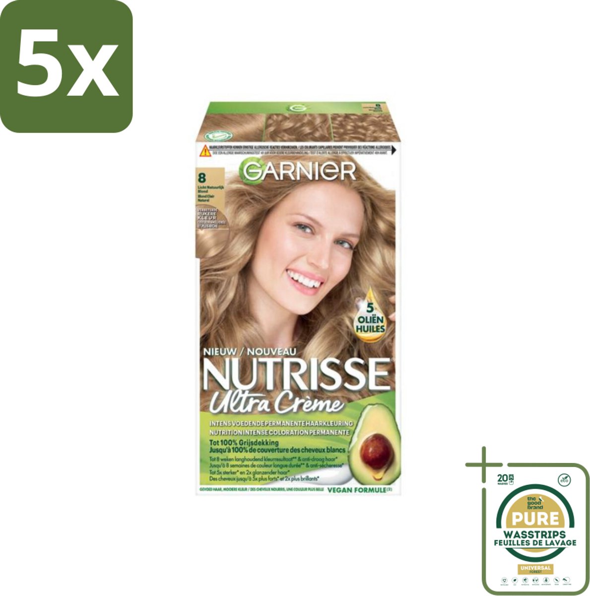 5 x Garnier - Nutrisse Ultra Crème 8 - Haarkleuring - Lichtblond - Intens Voedend - Permanente Kleur - Grootverpakking - Haarkleuring - Lichtblond - Voedende Haarverf - Permanente Kleur - Grijsdekking