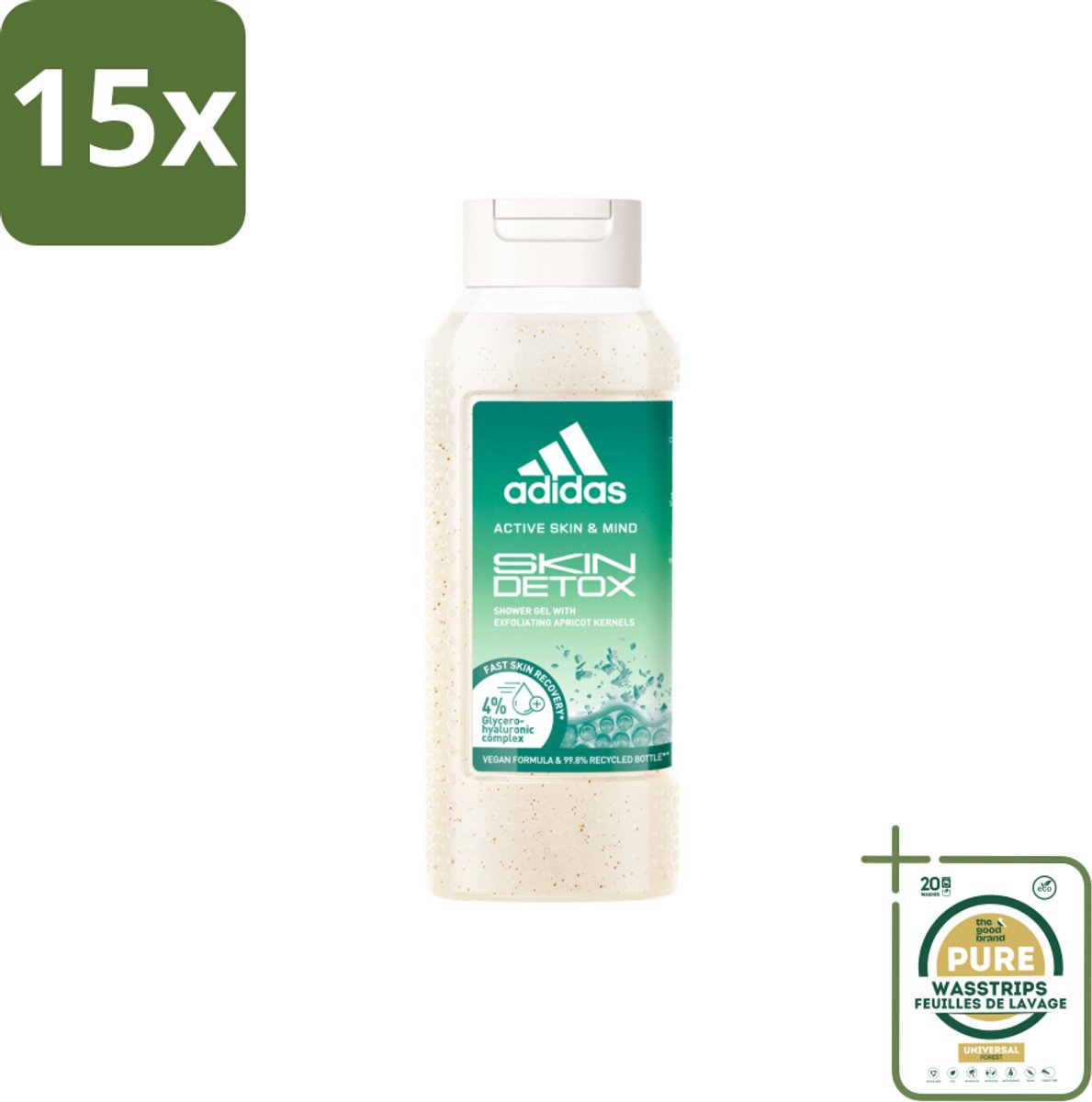 15 x Adidas – Douchegel – Active Skin & Mind Skin Detox – 250 ml - Grootverpakking - Douchegel - Huidverzorging - Exfoliatie - Detox - Gevoelige Huid