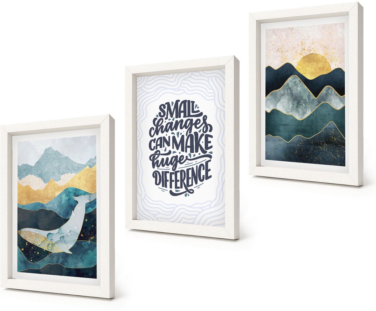 Coloray 3-Delige Schilderij Set - Abstracte berglandschappen met inspirerende belettering - 20x30 - Muurdecoratie - Interieur Decoratie - Stijlvolle Muurdecoratie