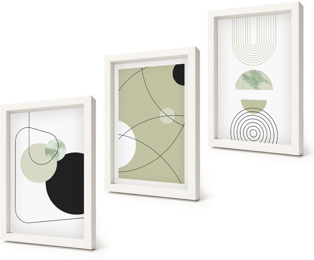 Coloray 3-Delige Schilderij Set - Abstracte vormen in ingetogen kleuren - 20x30 - Moderne Wanddecoratie - Woonkamer