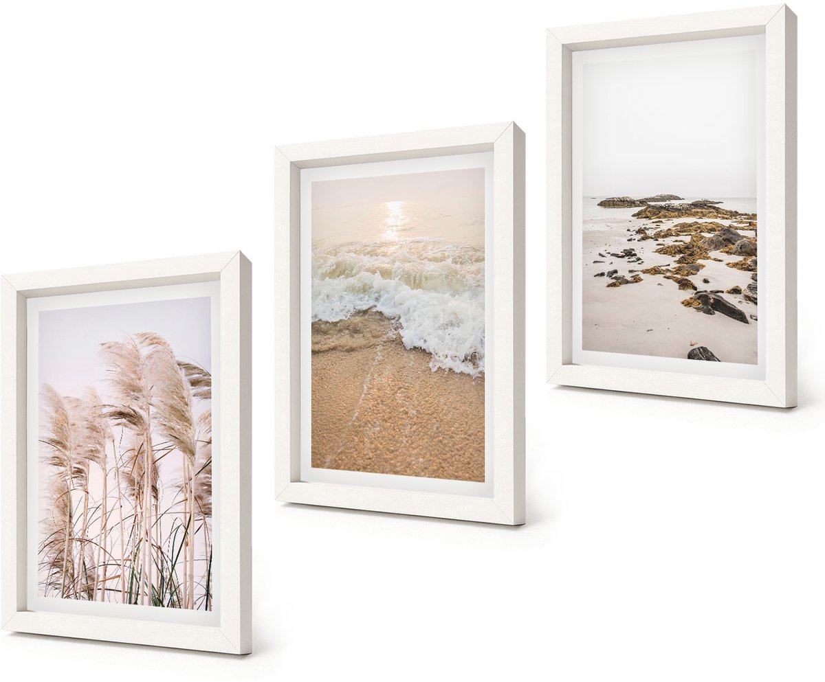 Coloray 3-Delige Schilderij Set - Strandgras, golven en zeestenen, boho - 20x30 - Wanddecoratie - Moderne Interieurdecoratie - Decoratieve Schilderijen