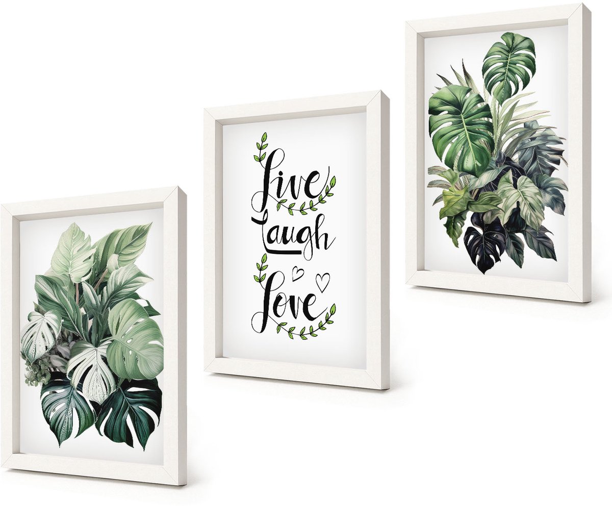 Coloray 3-Delige Schilderij Set - Bladrijke planten met de woorden Leef, Lach, Houd van - 20x30 - Muurdecoratie - Wanddecoratie - Hal - Woonkamer Decoratie