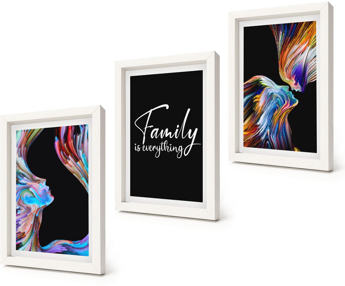 Coloray 3-Delige Schilderij Set - Portretten van mensen in kleurrijke patronen en een opschrift over familie. - 20x30 - Decoratieve Schilderijen - Woonkamer - Interieur - Muurdecoratie