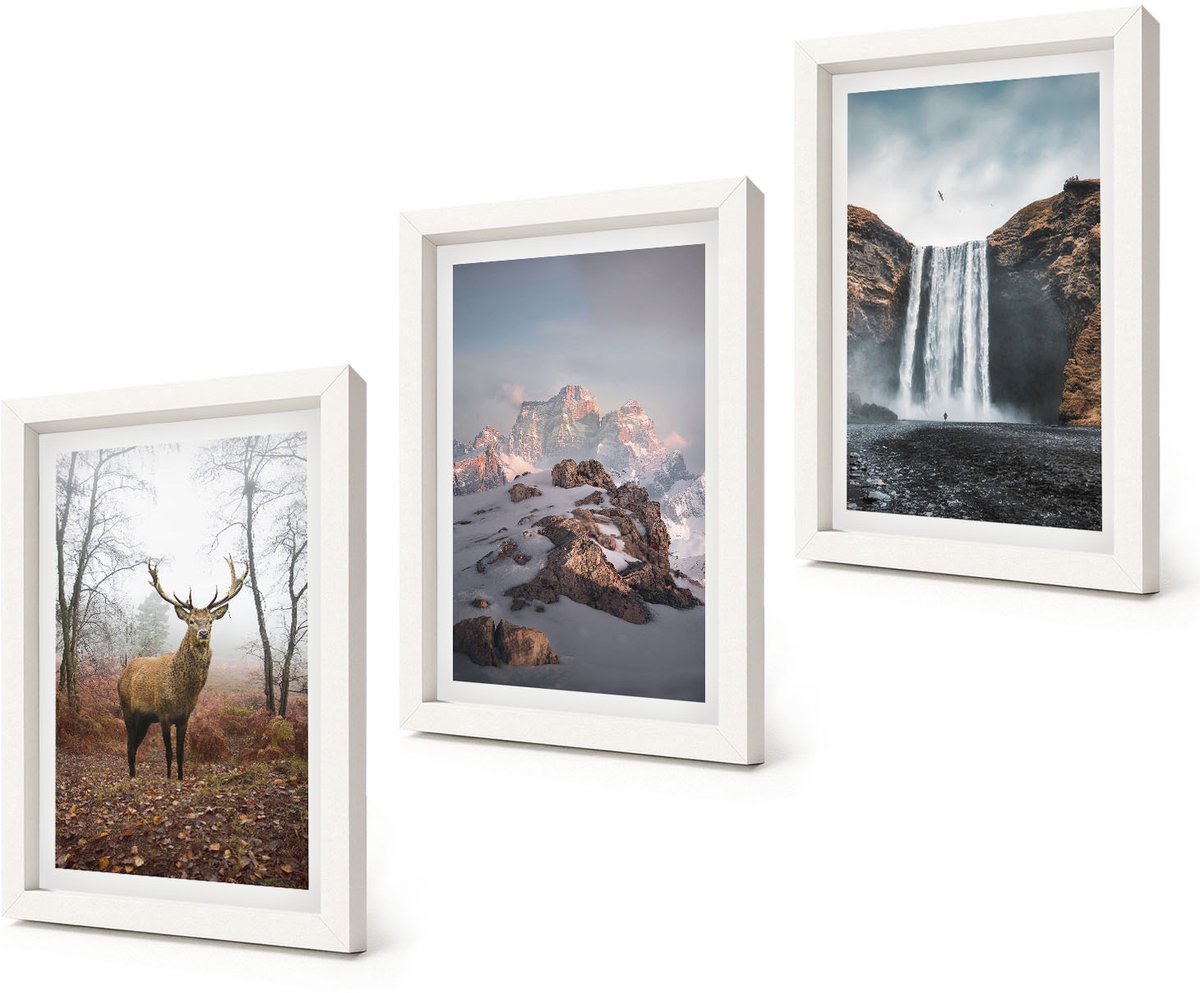 Coloray 3-Delige Schilderij Set - Natuurlijke, ongerepte landschappen, bergen, herten en watervallen. - 20x30 - Muurdecoratie - Schilderijen Set - Woonkamer - Moderne Wanddecoratie