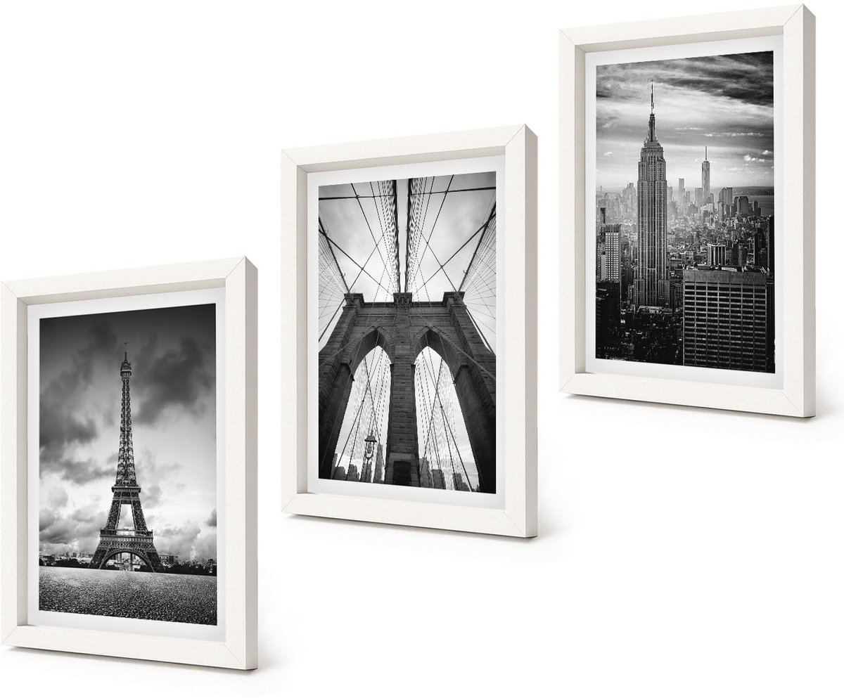 Coloray 3-Delige Schilderij Set - Torens en bruggen in monochrome tinten - 20x30 - Decoratieve Schilderijen - Woonkamer - Interieur - Moderne Wanddecoratie