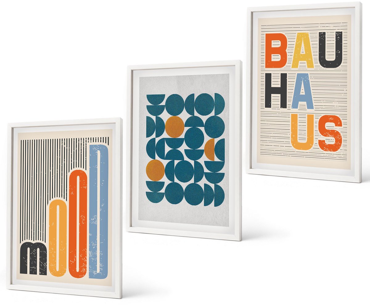 Coloray 3-Delige Schilderij Set - Posters Met Geometrische Patronen In Bauhaus-Stijl - 40 x 60 - Moderne Wanddecoratie - Woonkamer