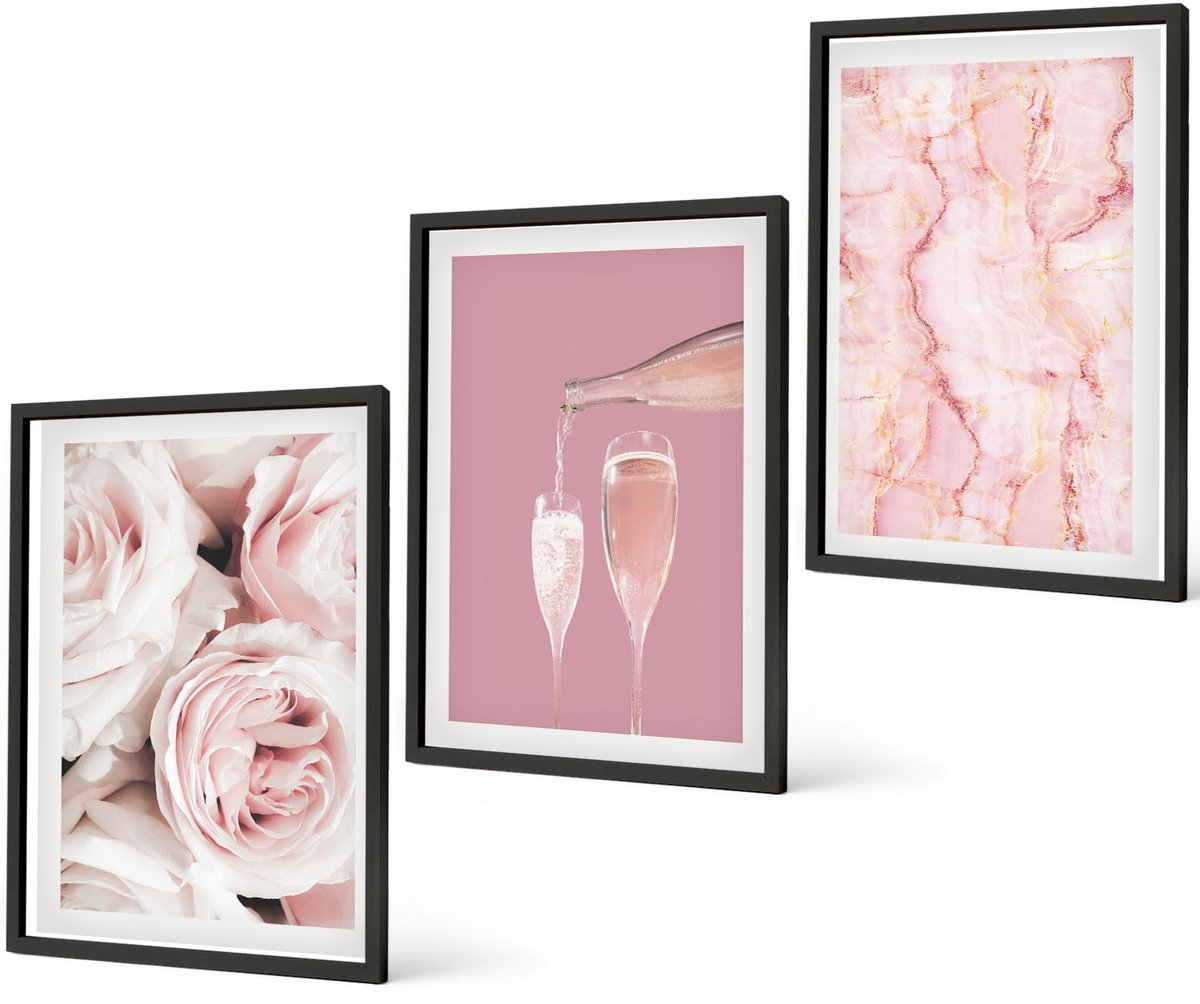 Coloray 3-Delige Schilderij Set - Champagnekleurige Rozen En Een Pastelkleurige Marmeren Achtergrond - 40 x 60 cm - Wanddecoratie - Schilderijen Set - Kantoor - Woonkamer Decoratie
