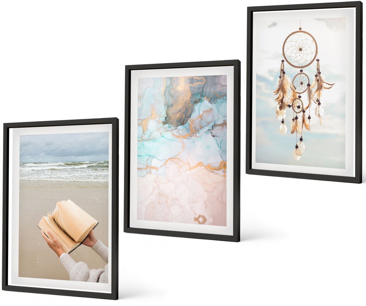 Coloray 3-Delige Schilderij Set - Abstracte Zee, Leesboek En Boho Dromenvanger - 40 x 60 cm - Muurdecoratie - Decoratieve Schilderijen - Wohnzimmer - Stijlvolle Muurdecoratie