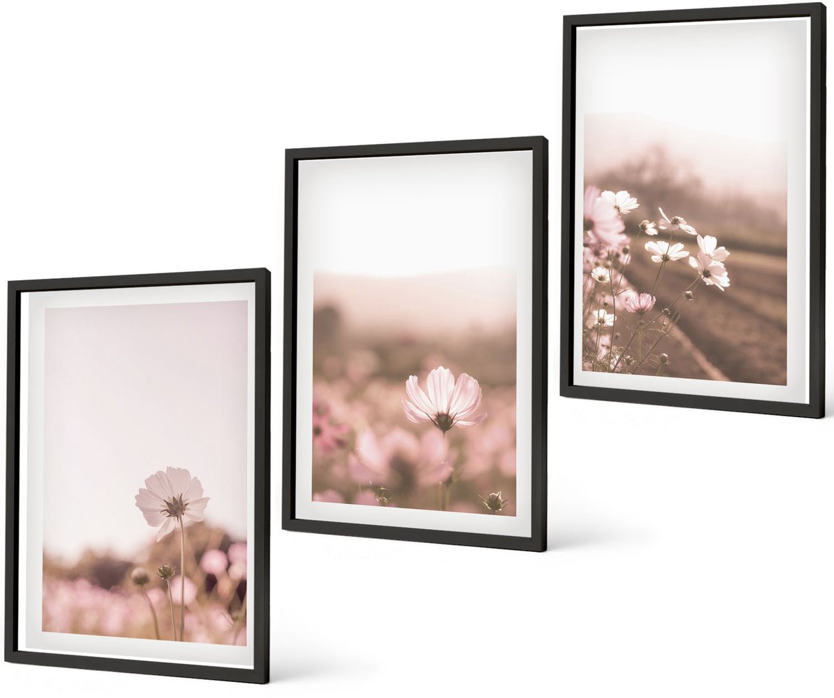 Coloray 3-Delige Schilderij Set - Wilde Bloemen In De Weiden In Een Romantisch Zomerlandschap - 40 x 60 cm - Decoratieve Muurdecoratie - Slaapkamer - Moderne Wanddecoratie Zwarte lijst