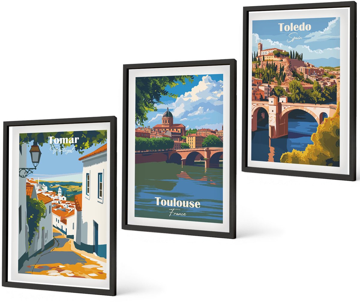 Coloray 3-Delige Schilderij Set - Grafische Afbeeldingen Van Beroemde Steden In Retrostijl - 40 x 60 cm - Wanddecoratie - Muurdecoratie - Woonkamer - Stijlvolle Muurdecoratie