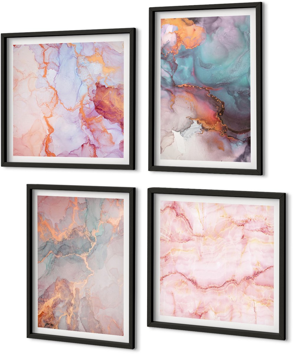 Coloray 4-Delige Schilderij Set - Abstracte Patronen In Pastelkleuren Met Accenten - 40 x 40 cm En 40 x 60 cm - Muurdecoratie - Decoratieve Schilderijen - Wohnzimmer - Wanddecoratie Zwarte lijst