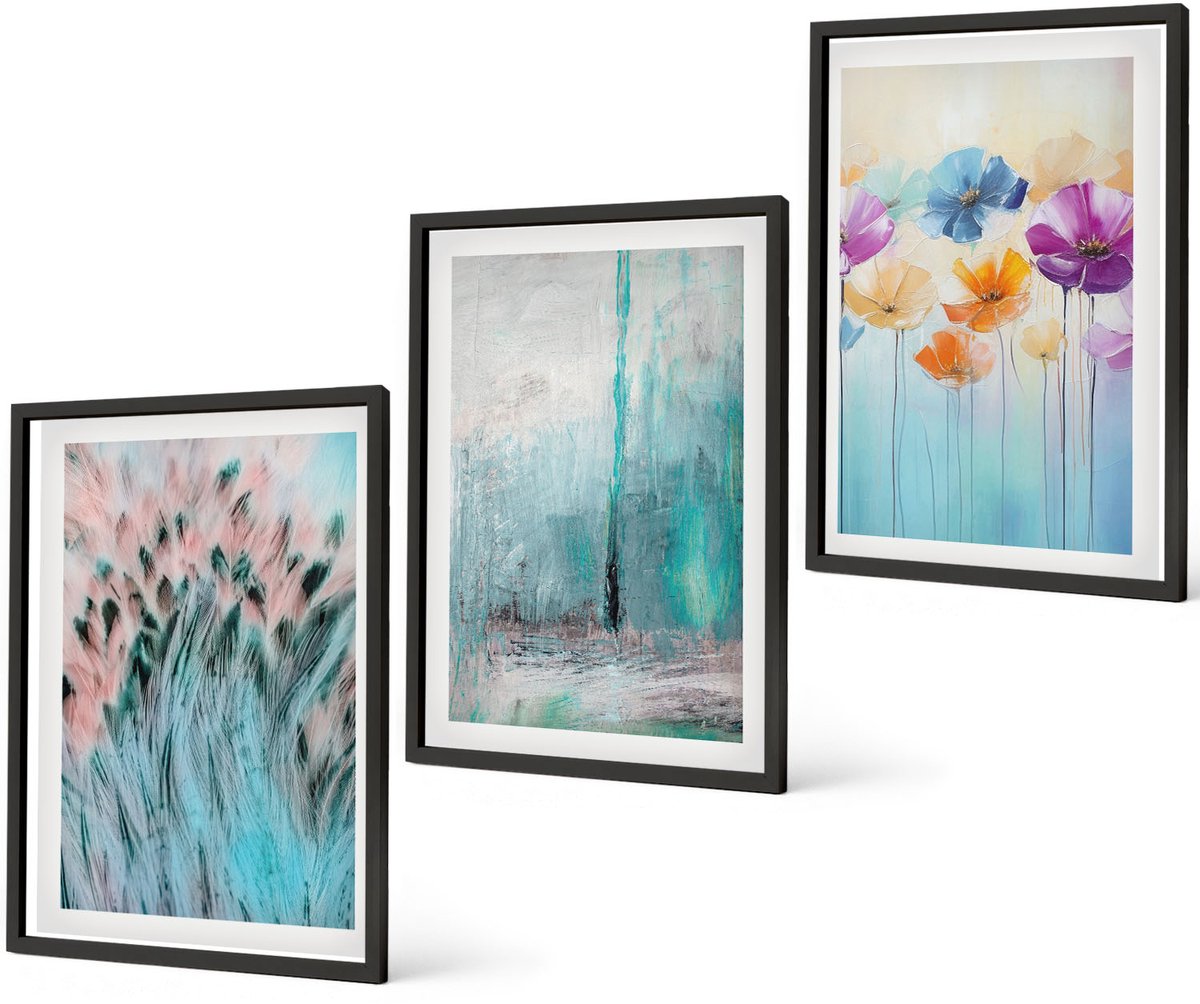 Coloray 3-Delige Schilderij Set - Bloemen Op Een Achtergrond Van Pastelkleuren En Delicate Patronen. - 40 x 60 cm - Decoratieve Schilderijen - Wanddecoratie - Hal - Stijlvolle Muurdecoratie