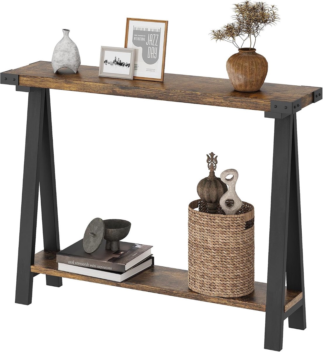 Rustieke consoletafel met 2 planken - Stevig metalen frame - Ruimtebesparende plank - Perfect voor de hal, woonkamer of slaapkamer - Retro