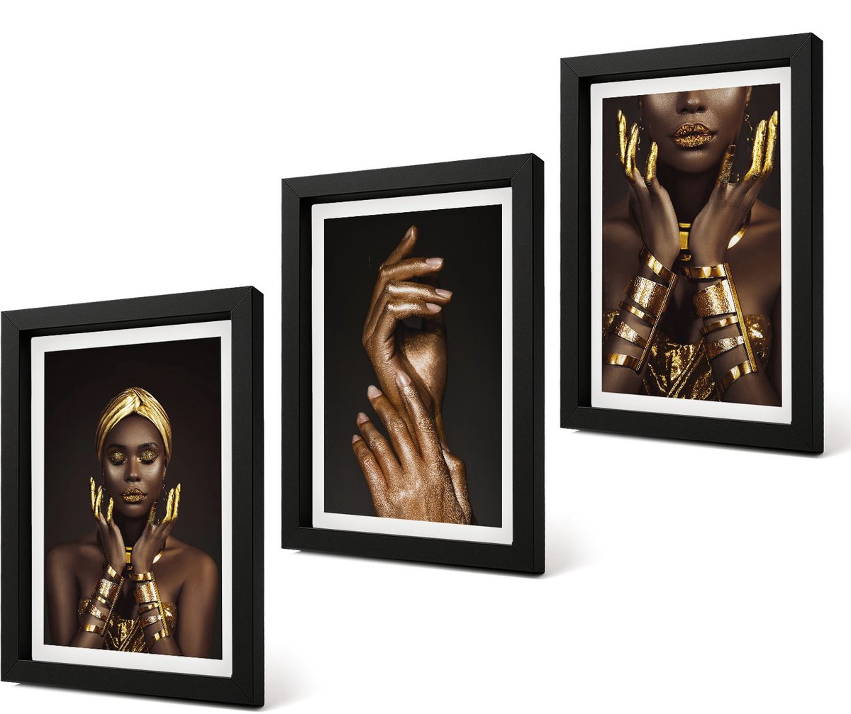 Coloray 4-Delige Schilderij Set - Elegante portretten van een Afrikaanse vrouw - 20 x 30 cm - Wanddecoratie - Schilderijen Set - Kantoor - Moderne Wanddecoratie