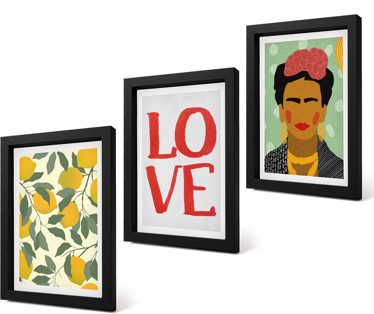 Coloray 4-Delige Schilderij Set - Citroenen Liefde Lettering Geschilderd Portret van Frida Kahlo - 20 x 30 cm - Stijlvolle Wanddecoratie - Interieur - Woonkamer Decoratie