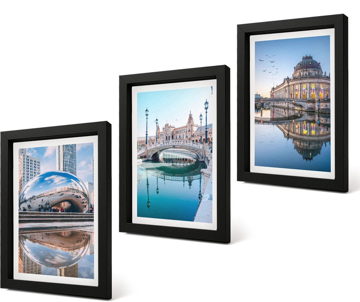Coloray 4-Delige Schilderij Set - Stadsarchitectuur met weerspiegeling in het water - 20 x 30 cm - Wanddecoratie - Schilderijen Set - Interieur - Woonkamer Decoratie