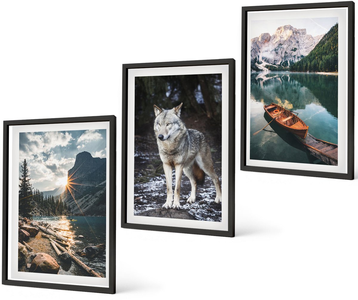 Coloray 3-Delige Schilderij Set - Bergen, Meren En Wolven In Hun Natuurlijke Omgeving - 40 x 60 cm - Wanddecoratie - Woonkamer Decoratie - Moderne Wanddecoratie