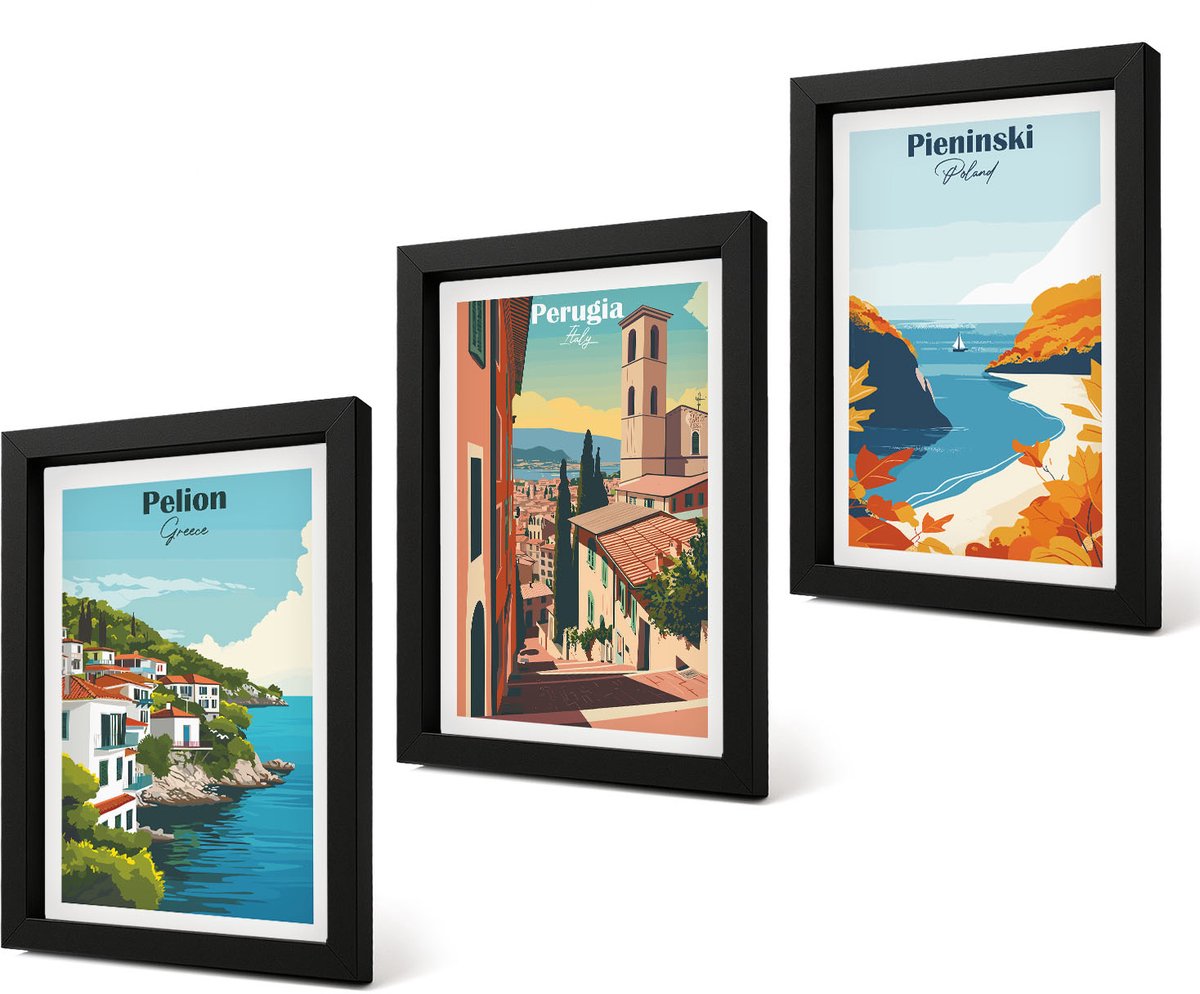Coloray 4-Delige Schilderij Set - Schilderachtige landschappen in retrostijl - 20 x 30 cm - Wanddecoratie - Muurdecoratie - Moderne Interieurdecoratie - Woonkamer Decoratie