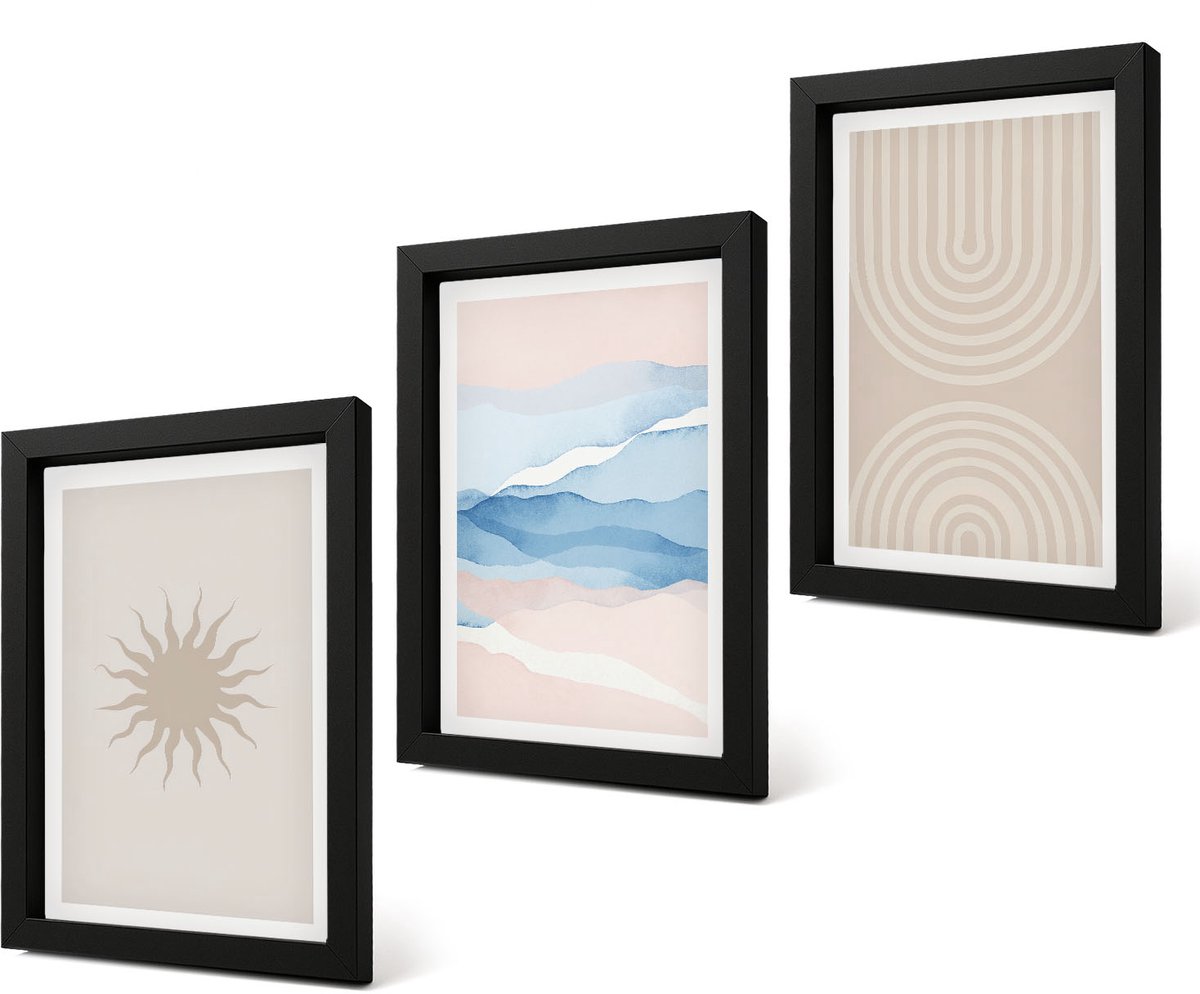 Coloray 4-Delige Schilderij Set - Zonnegolven en abstracte lijnen in pastelkleuren - 20 x 30 cm - Wanddecoratie - Moderne Interieurdecoratie - Decoratieve Schilderijen