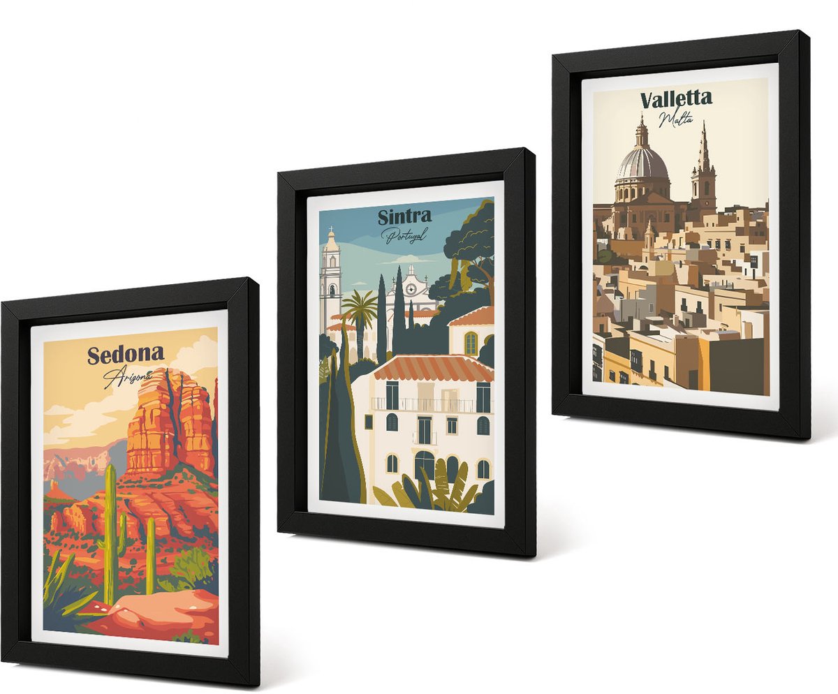 Coloray 4-Delige Schilderij Set - Stadsgezichten in retrostijl van Sedona, Sintra en Valletta - 20 x 30 cm - Muurdecoratie - Wanddecoratie - Slaapkamer - Moderne Wanddecoratie