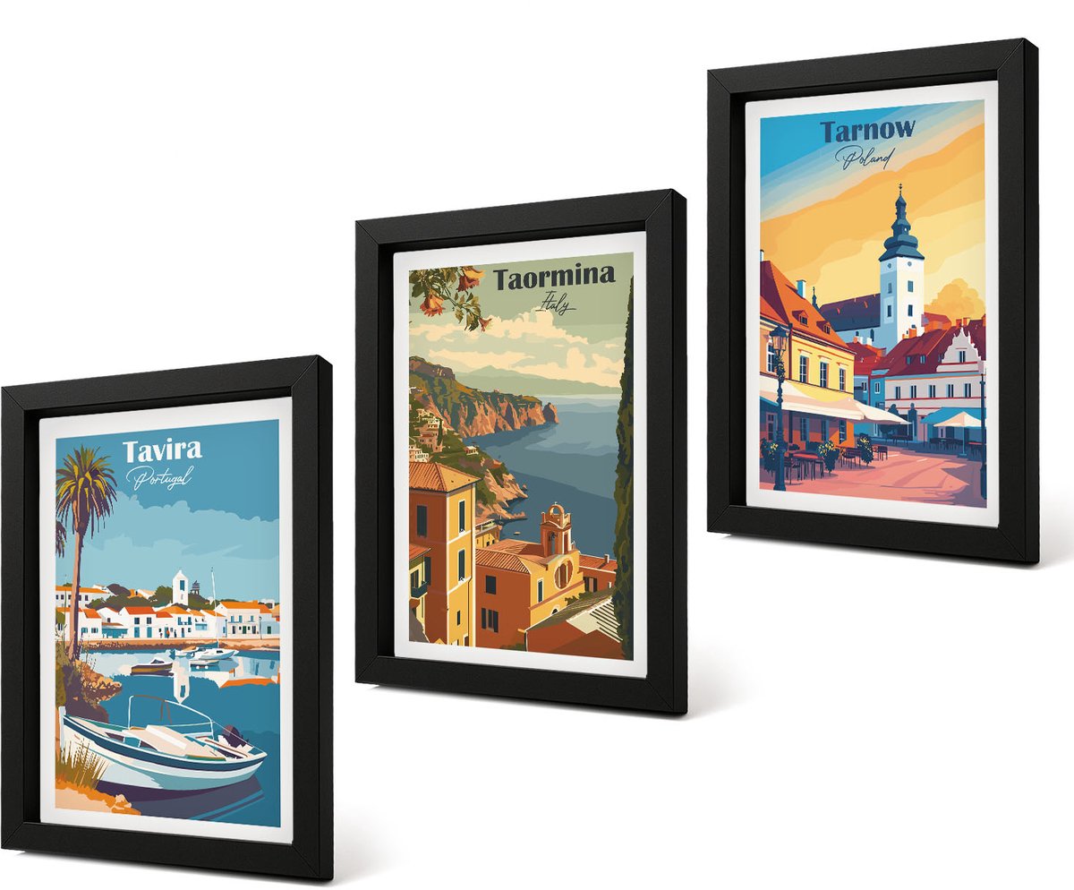 Coloray 4-Delige Schilderij Set - Uitzichten op kuststeden en hun architectuur - 20 x 30 cm - Schilderijen Set - Wanddecoratie - Woonkamer - Decoratieve Schilderijen