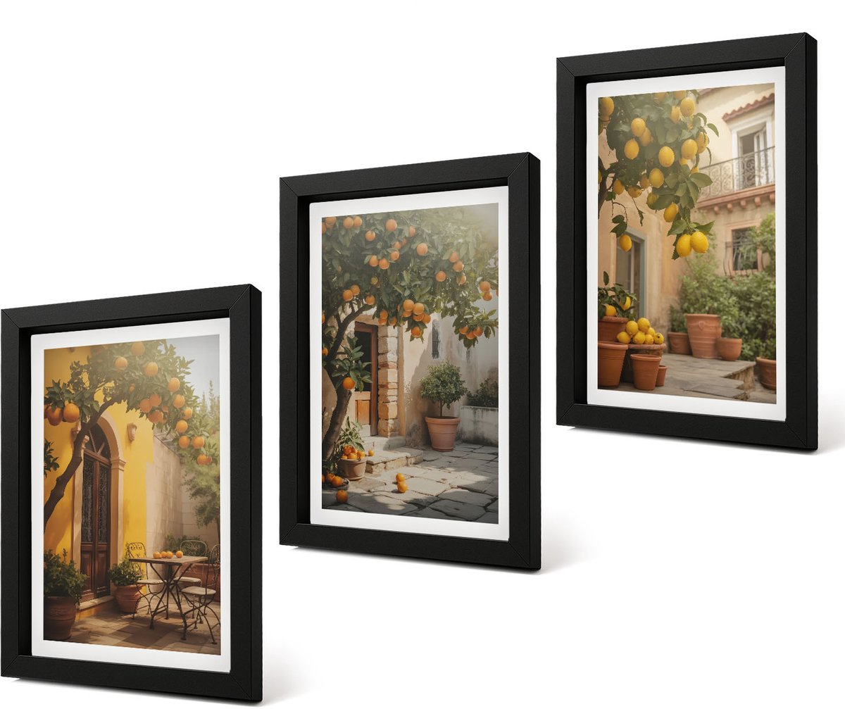 Coloray 4-Delige Schilderij Set - Zonnig terras met citrusbomen en potten. - 20 x 30 cm - Wanddecoratie - Moderne Interieurdecoratie - Decoratieve Schilderijen