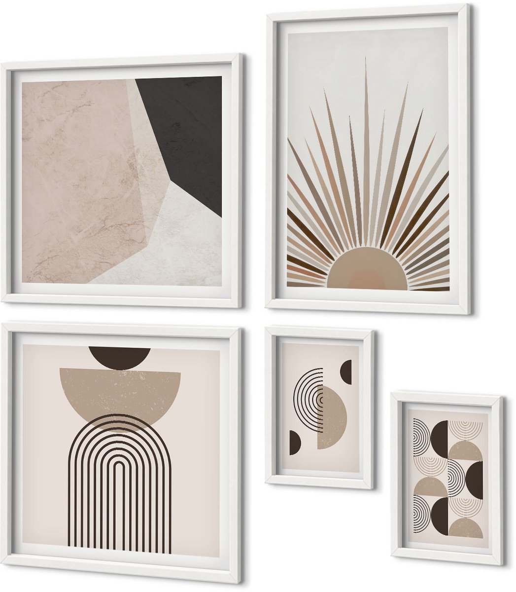 Coloray 5-Delige Schilderij Set - Abstracte Geometrische Vormen In Neutrale Tinten - 50 x 50 cm, 20 x 30 cm En 40 x 60 cm - Stijlvolle Wanddecoratie - Interieur
