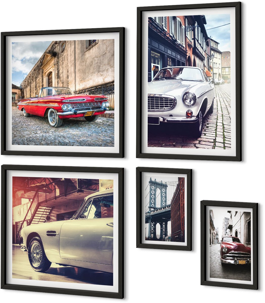Coloray 5-Delige Schilderij Set - Stijlvolle Klassieke Auto'S In Stedelijke Omgevingen - 50 x 50 cm, 20 x 30 cm En 40 x 60 cm - Stijlvolle Muurdecoratie - Slaapkamer Zwarte lijst