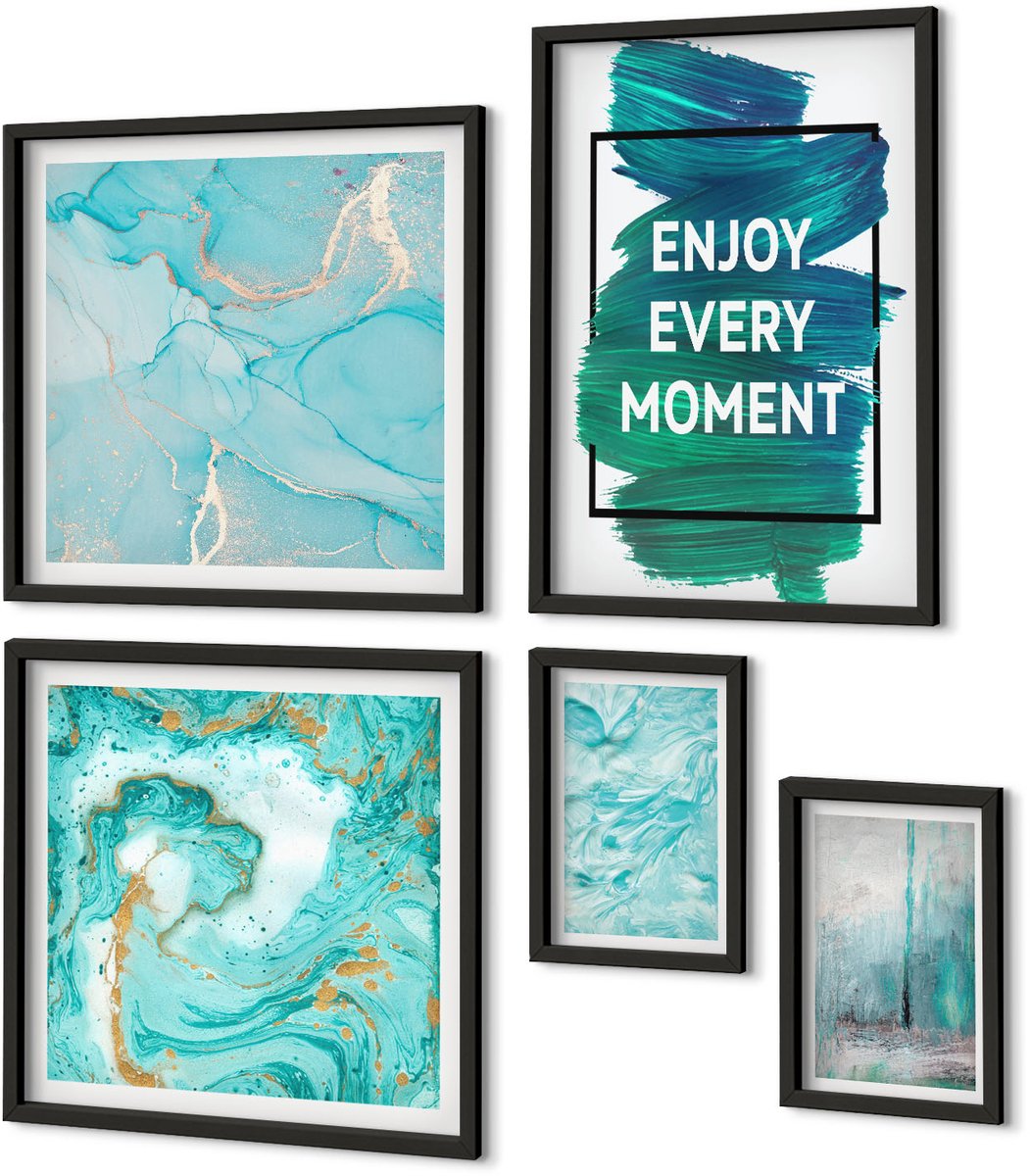 Coloray 5-Delige Schilderij Set - Abstracte Composities Met Inspirerende Letters En Patronen - 50 x 50 cm, 20 x 30 cm En 40 x 60 cm - Stijlvolle Muurdecoratie - Kantoor - Moderne Wanddecoratie Zwarte lijst