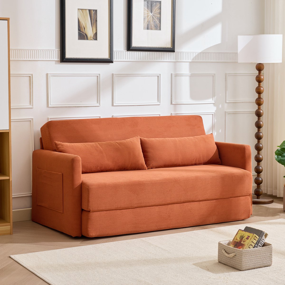 Zubaliya Klapbare slaapbank 2-in-1 - voor kleine ruimtes en appartement - Oranje - 165x92 cm - Zachte corduroy bekleding met 2 lendenkussens - Opbergvakken in armleuningen - Compact vouwontwerp Orange