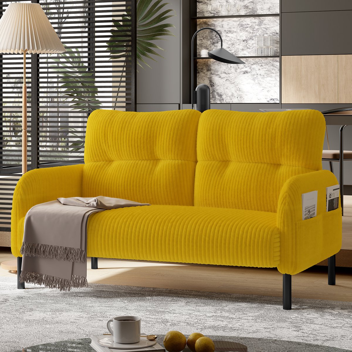 Corduroy tweezitsbank met hoge rugleuning en geïntegreerde zijvakken - geschikt voor woonkamer, thuiskantoor en slaapkamer - 2 personen - diverse kleuren - robuust metalen onderstel - ergonomisch zitcomfort