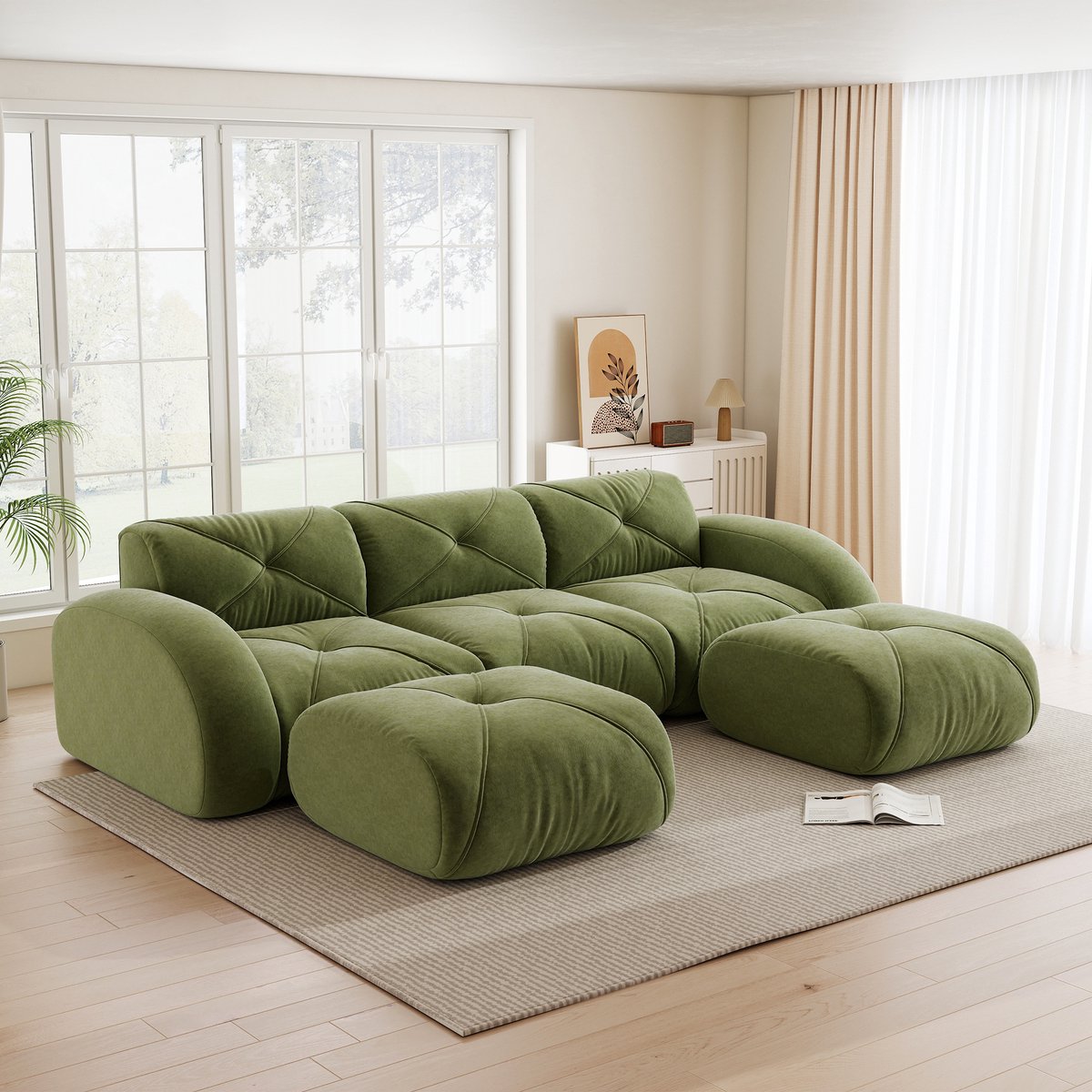 U-vormige modulaire bank zonder frame - Woonkamer - 3-zits - Groen - Zachte, pillingvrije chenille stof, geen montage - Antislip ontwerp, inclusief 2 hockers - 32D schuim, tot 200 kg per zit
