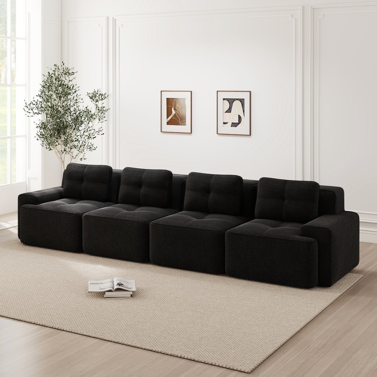 Modulaire 4-zits bank zonder frame - Geschikt voor woonkamer, diep zitcomfort - 4-persoons - Zwart - Zachte corduroy stof, huisdierbestendig - Geen montage, antislip - 74 cm diepe zit