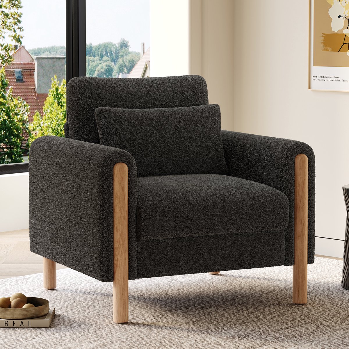 Relaxfauteuil met teddy stof en dik zitkussen - voor woonkamer, kantoor en slaapkamer - eenpersoons - Donkergrijs - extra dikke schuimvulling - massief houten frame tot 150 kg - antislip voetjes