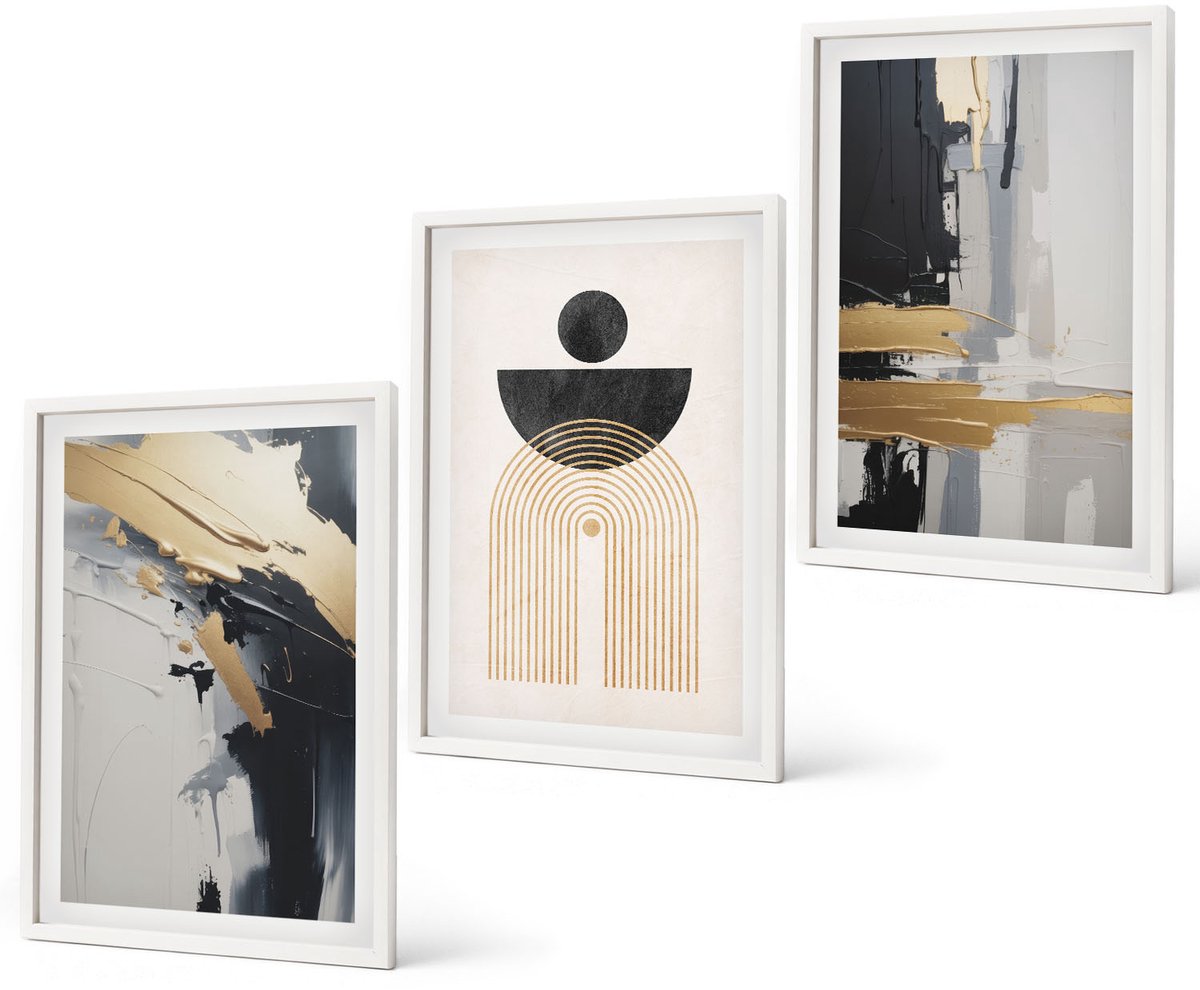 Coloray 3-Delige Schilderij Set - Geometrische Abstracte Elegante Compositie - 40 x 60 - Wanddecoratie - Muurdecoratie - Moderne Interieurdecoratie - Decoratieve Schilderijen