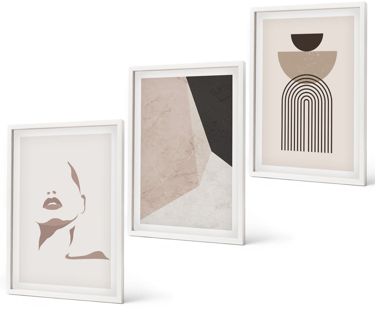 Coloray 3-Delige Schilderij Set - Abstracte Geometrische Vormen En Een Vrouwengezicht - 40 x 60 - Decoratieve Schilderijen - Wanddecoratie - Hal - Woonkamer Decoratie