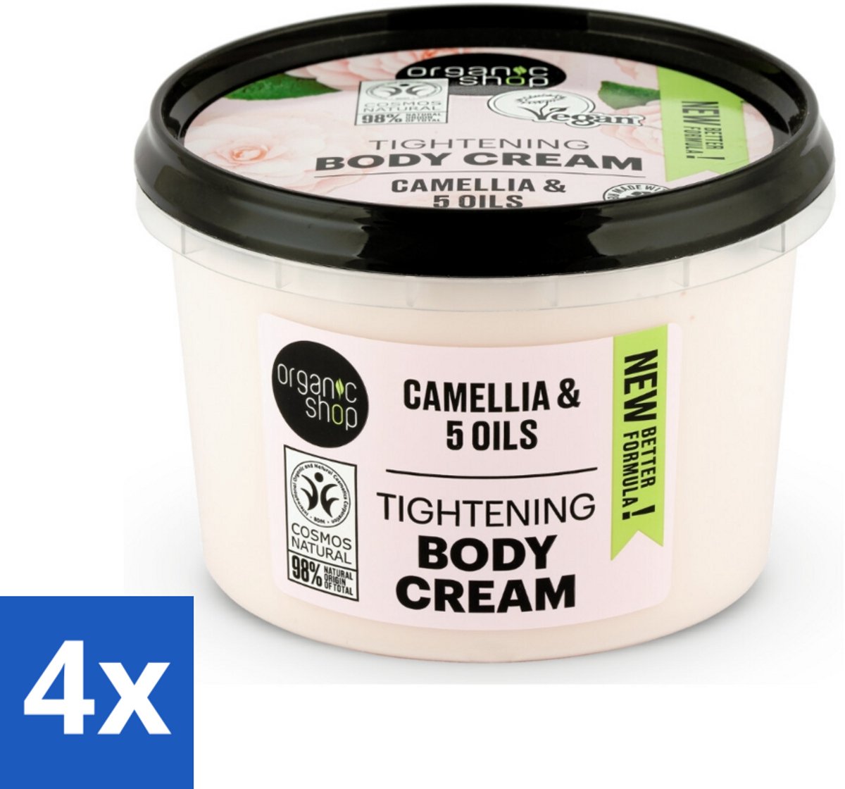 4 x Organic Shop - Organic Camellia & 5 Oils Body Cream - Verzachtend en Hydraterend - 250 ml - Organische Bodycrème - Hydraterende Bodycrème - Verzachtende Bodycrème - Kamelia Bodycrème - Natuurlijke Bodycrème