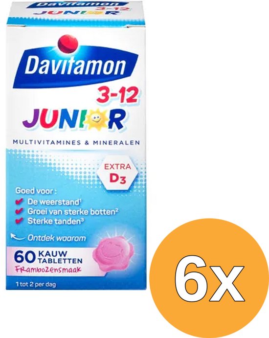 Verpakking van Davitamon Junior 3-12 Multivitamines & Mineralen met frambozensmaak, 60 kauwtabletten.