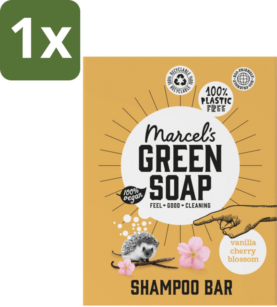 1 x Marcel's Green Soap - Shampoobar - Vanilla & Cherry Blossom - Versterkt & verzorgt - 90 gr - Shampoobar - Natuurlijke Shampoo - Sulfaatvrije Shampoo - Biologisch Afbreekbaar - Vegan Shampoo