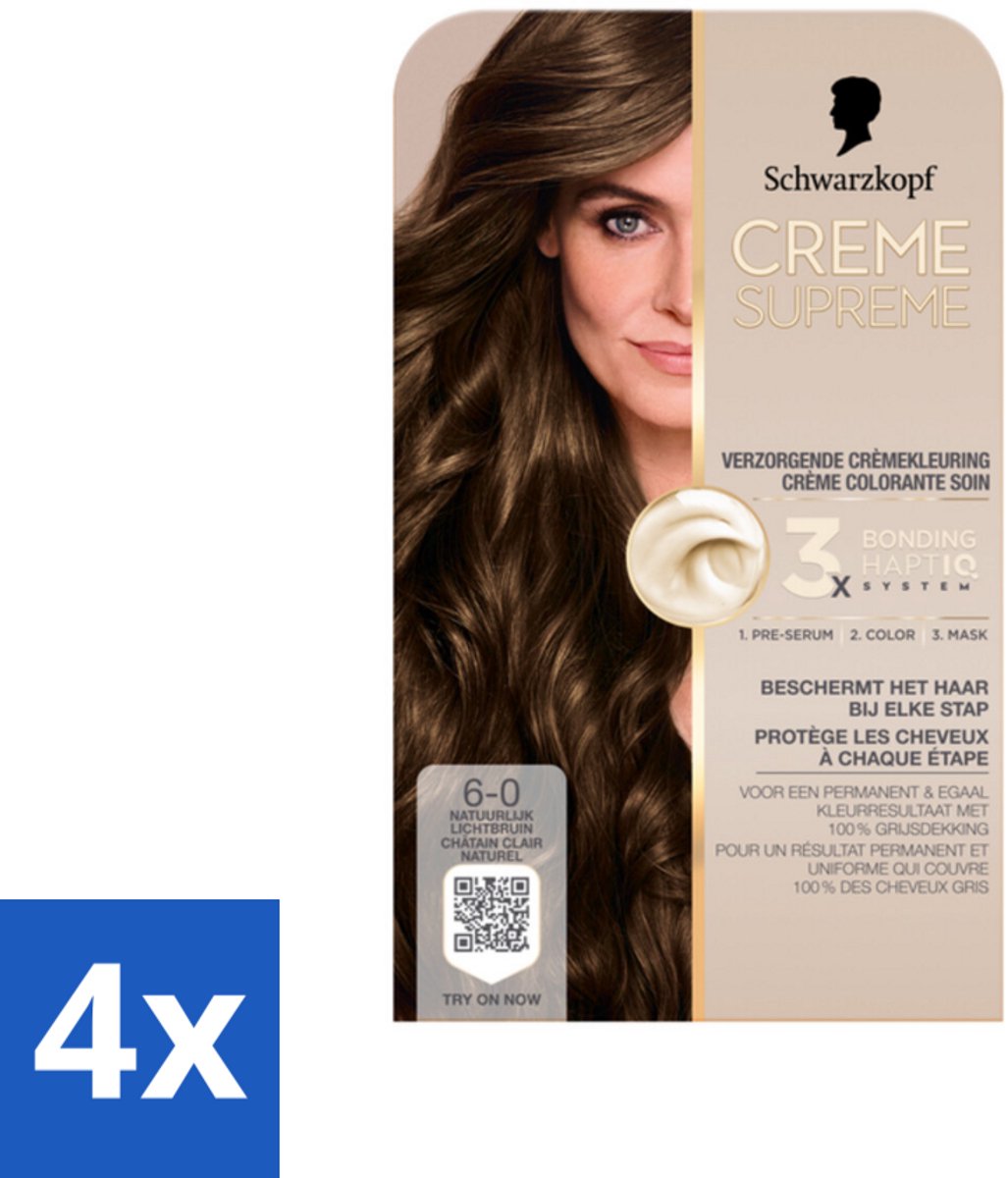 4 x Schwarzkopf - Haarkleuring - Creme Supreme 6-0 - Natuurlijk Lichtbruin - 245g - Haarverf - Permanente Haarkleur - Lichtbruin Haar - Grijsdekking - Haarkleur Verzorging