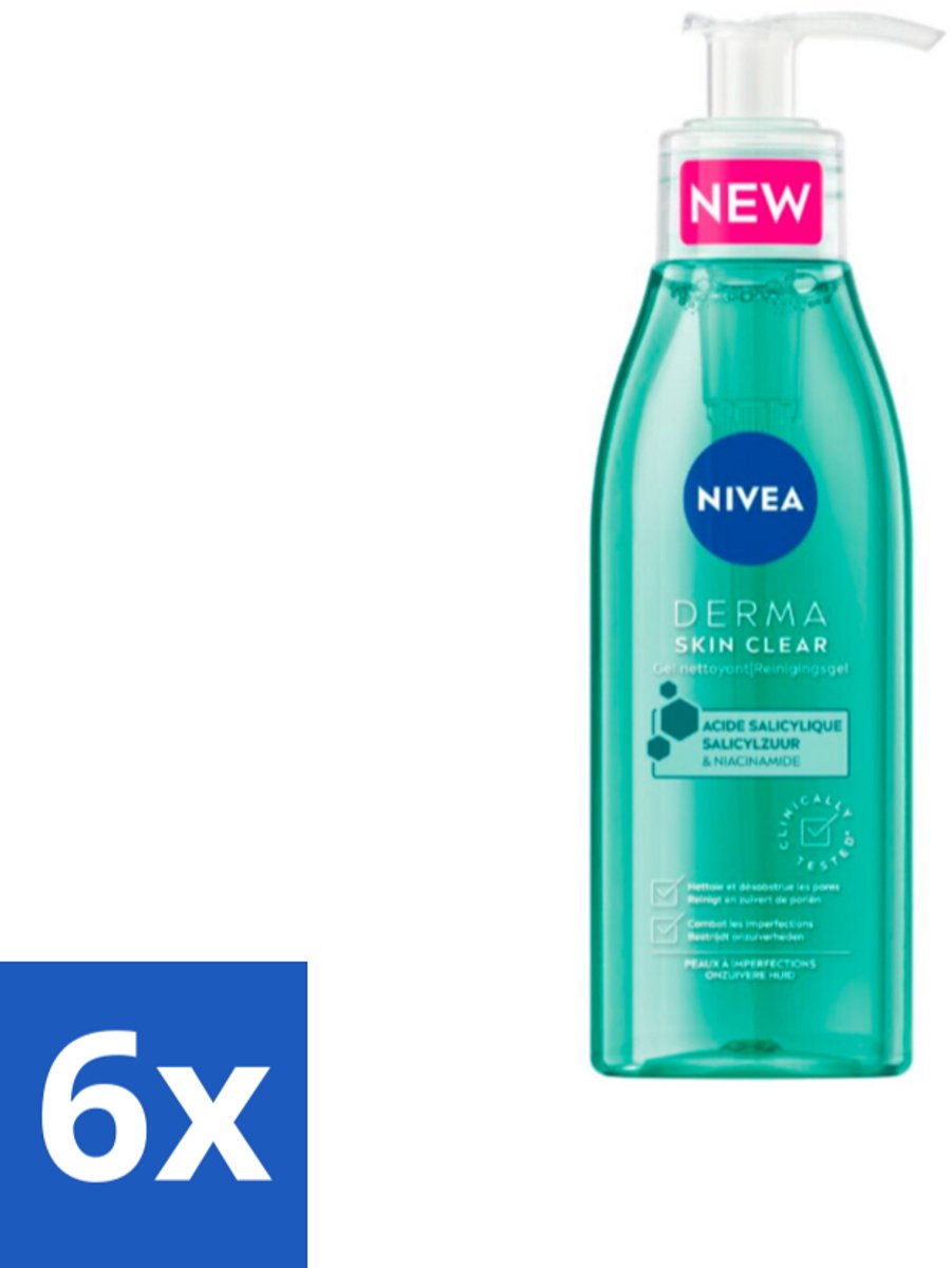 6 x NIVEA - Reinigingsgel - DERMA Huidzuiver - Voor onzuivere huid - Met Salicylzuur (AHA) & Niacinamide - Tegen Acne & Mee-eters - 150 ml - Gezichtsreiniger - Onzuivere Huid - Puistjes - Mee-eters - Salicylzuur