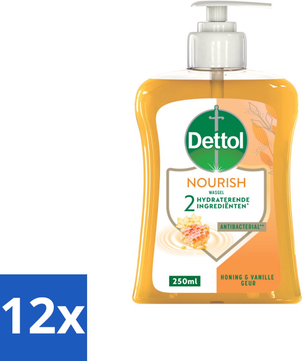 12 x Dettol - Handzeep - Nourish - Honing & Vanille - 250 ml - Antibacteriële Handzeep - Handzeep Met Honing - Handzeep Met Vanille - Verzorgende Handzeep - Manuka Honing